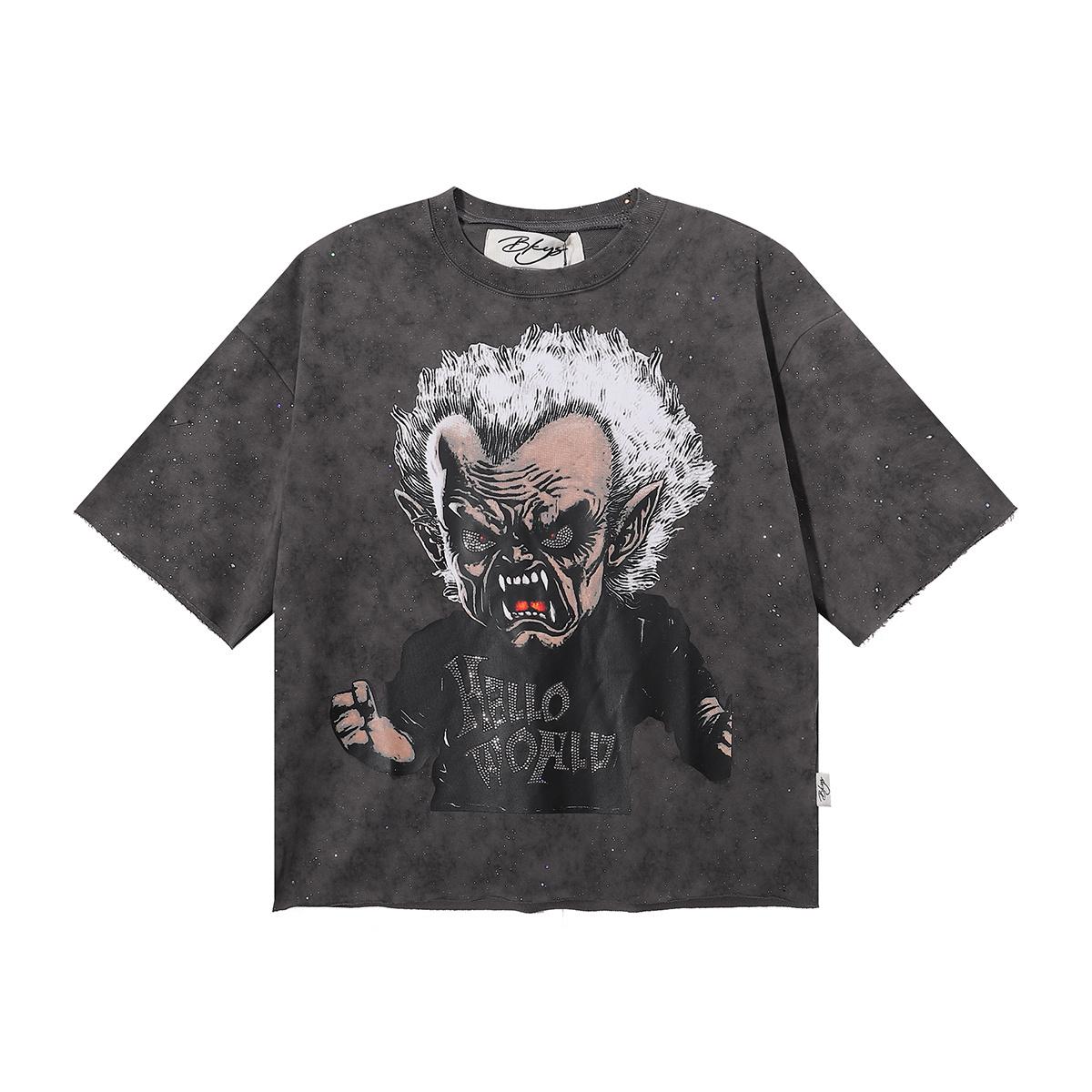 2026 Summer Men s Oversize T-Shirt, Demon Vampire Print Dark Street Vintage Washed Casual Short Sleeve Tee S