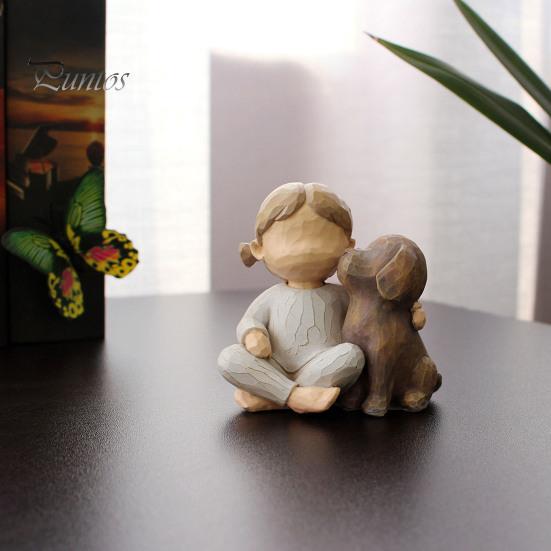 Girl Dog Resin Figurine Kids Puppy Statue Sculpture Home Desk Office Desktop Decoration Ornament Christmas Lovers Memorial Gift