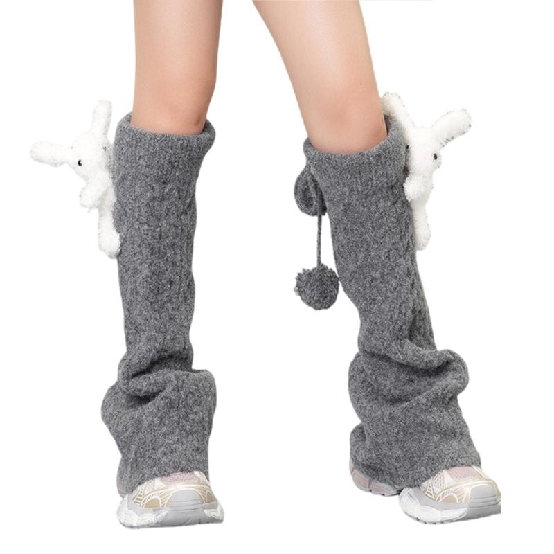 Japanese Cute Bear Rabbit Dolls Cable Knit Drawstring Leg Warmers for Women Warm Flared Foot Covers Knee Length Socks