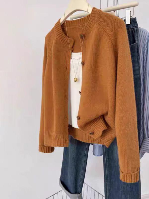 Women's Thickened Pure Wool Knit Cardigan with Round Neck & Raglan Sleeves - Casual, Versatile Autumn/Winter Outerwear
