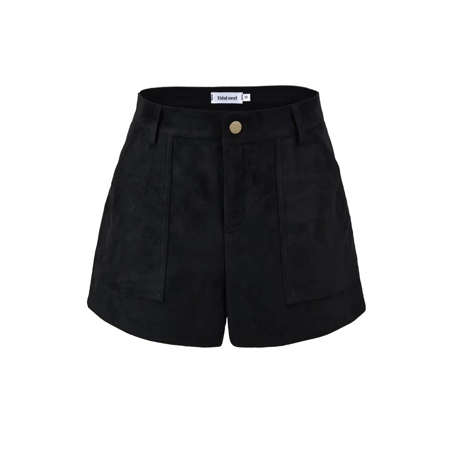

Women s Korean Retro Suede Wide-Leg Cargo Shorts with Big Pockets for Autumn/Winter Small чорний