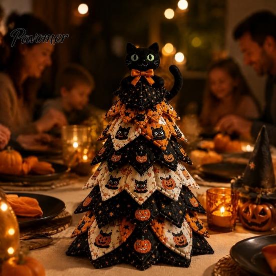 Halloween Theme Interior Decor Wooden Tree Ornament, 2D Flat Quilted Fabric Style Desktop Double Table Decorations Side Wood Sign for Home Party