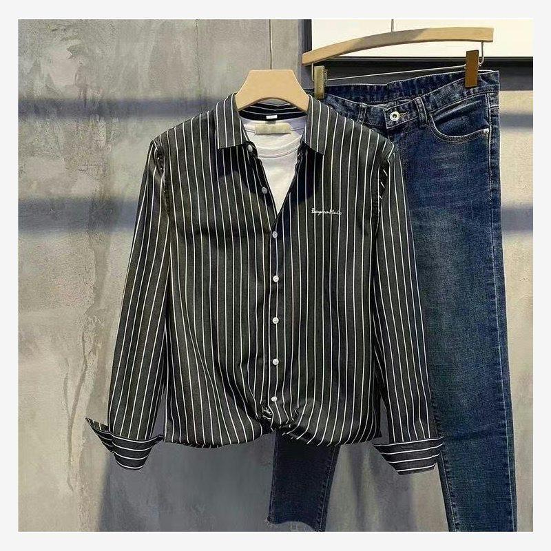 Men's Striped Embroidered Long Sleeve Lapel Shirt - Casual, Iron-Free, Slim Fit, Autumn.