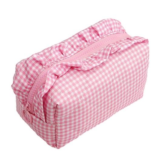 Girls Cosmetic Bag with Ruffles Pink Bowknot Heart Quilted Cute Makeup Bag Soft Cosmetic Pouch Makeup