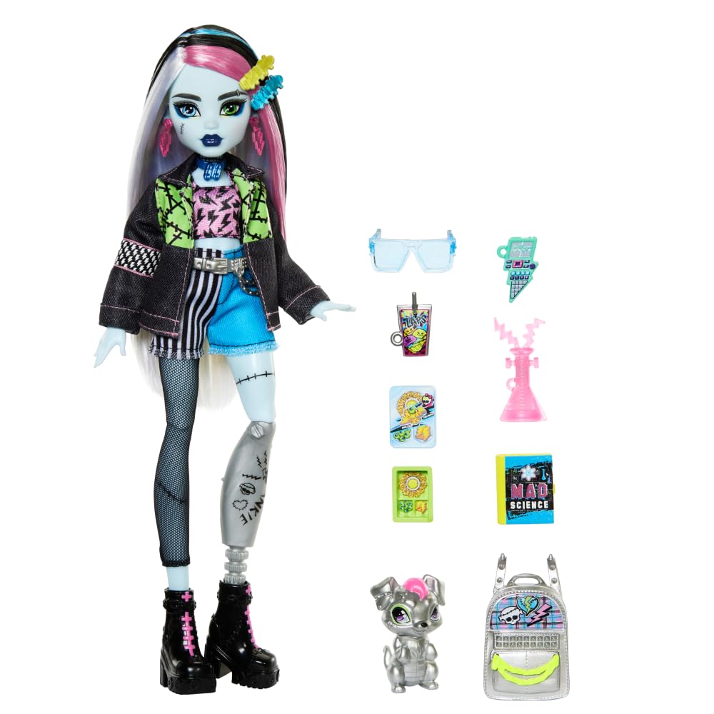 Monster High Frankie Jockey Doll In Denim Jacket and Includes Pet Dog Wattie and Accessories Including and Notebook Shorts, Backpack, Snacks,