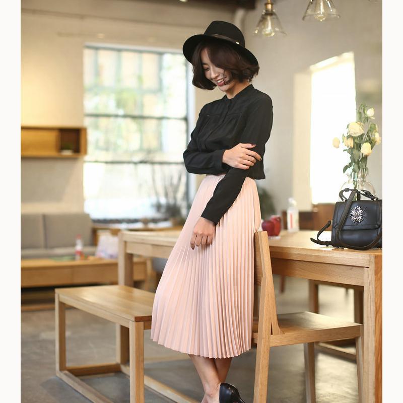 Frühlings- und Sommer-Chiffon-Rock, mittellanger Faltenrock, elastisch, hohe Taille, schmale Passform, lockerer Rock