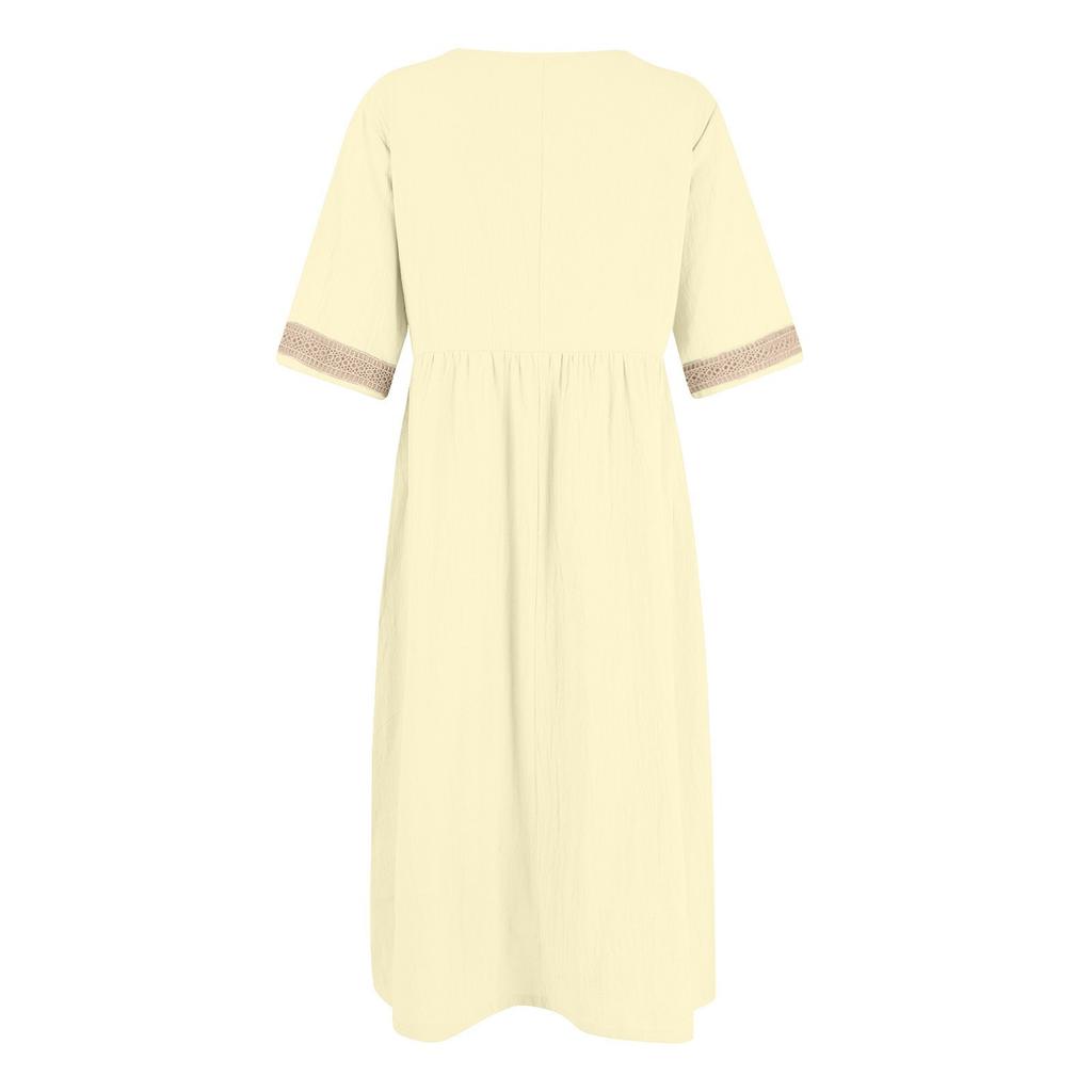 Women's Fashionable Casual Color Short Sleeved Lace V-Neck Waist Cinched Dress