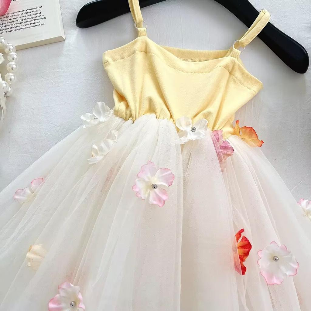 Summer Girls Spaghetti Strap Dress With 3D Flowers Kids Princess Fairy Sundress For Party And Daily Wear