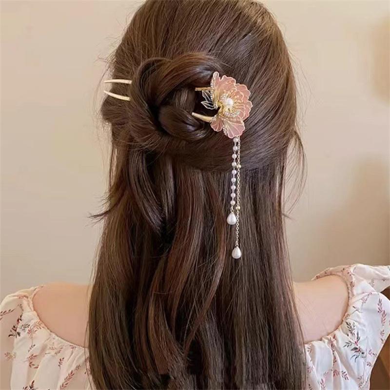 Tassel Hanfu Hair Chopsticks Headpieces U Shape Pearl Flower Hair Fork Hairpin Hair Accessories Chinese Style Hair Stick Party