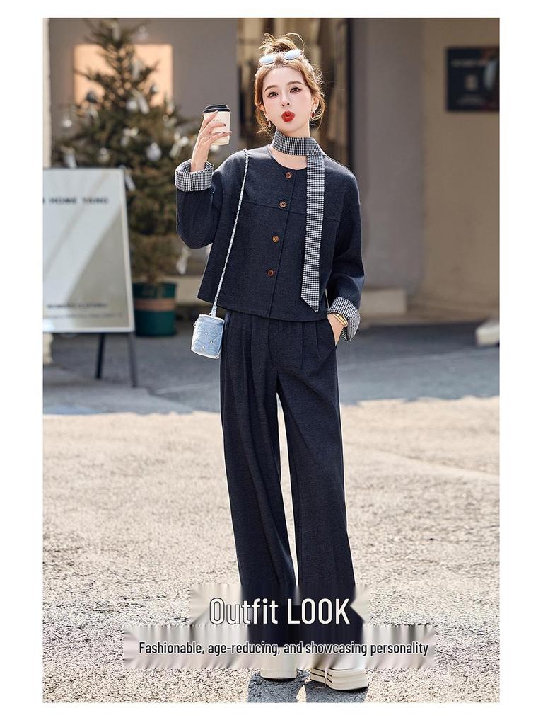 Spring 2025 Women's Fashion: Patchwork Jacket & Trousers Two-Piece Set with Tie