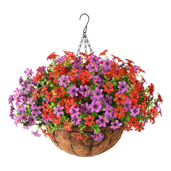 Yousheng Artificial Hanging Flowers Basket UV Resistant Outdoor Fake Hanging Plants Colorful Faux Silk Flowers Eucalyptus In Basket for Porch Patio