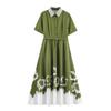 European Spring Slim Fit Belted Lapel Print Patchwork Long Dress