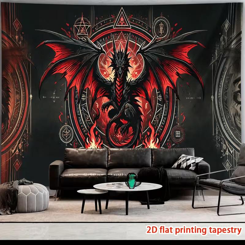 2D Dark Fantasy Dragon Tapestry Red Fire & Occult Circle Wall Art 47.2x31.5inch/120*80cm