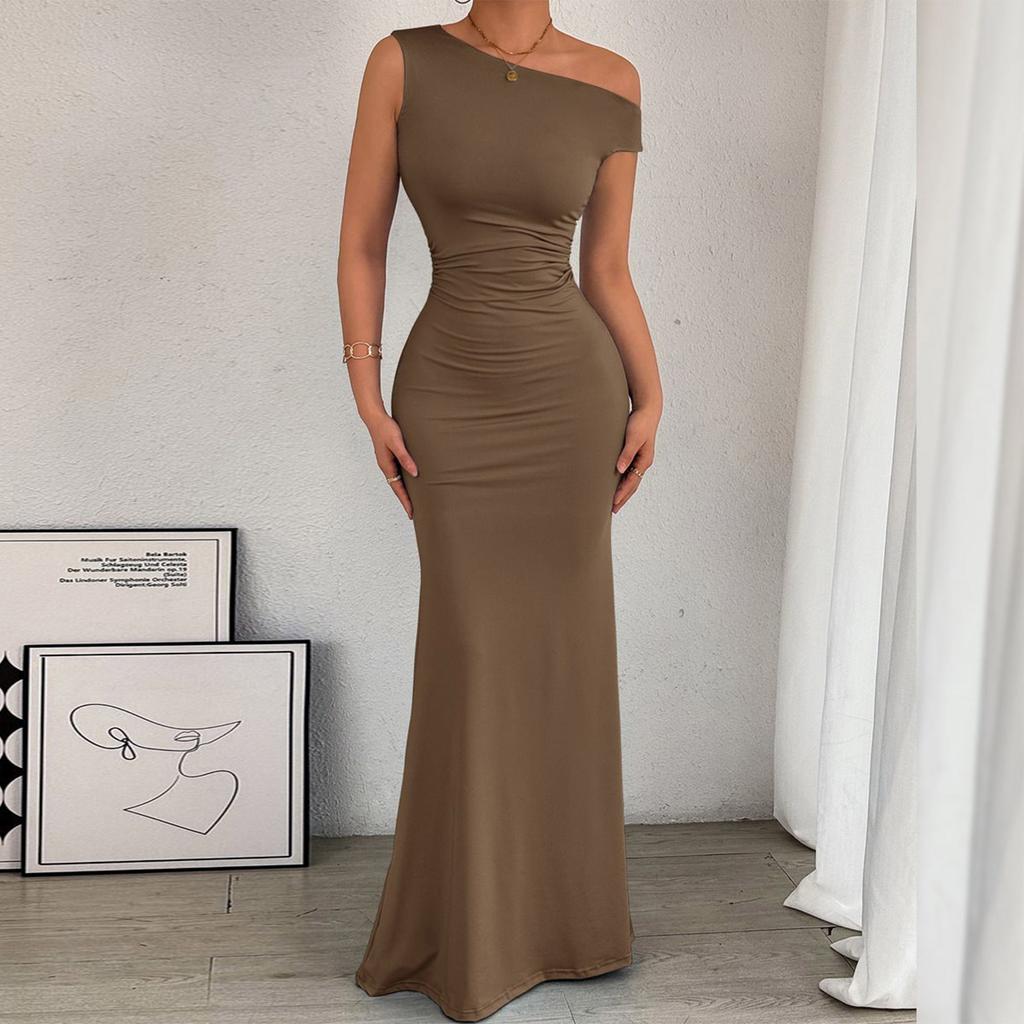 Women's Casual Fashion Slant Shoulder Collar Pleated Sleeveless Dress