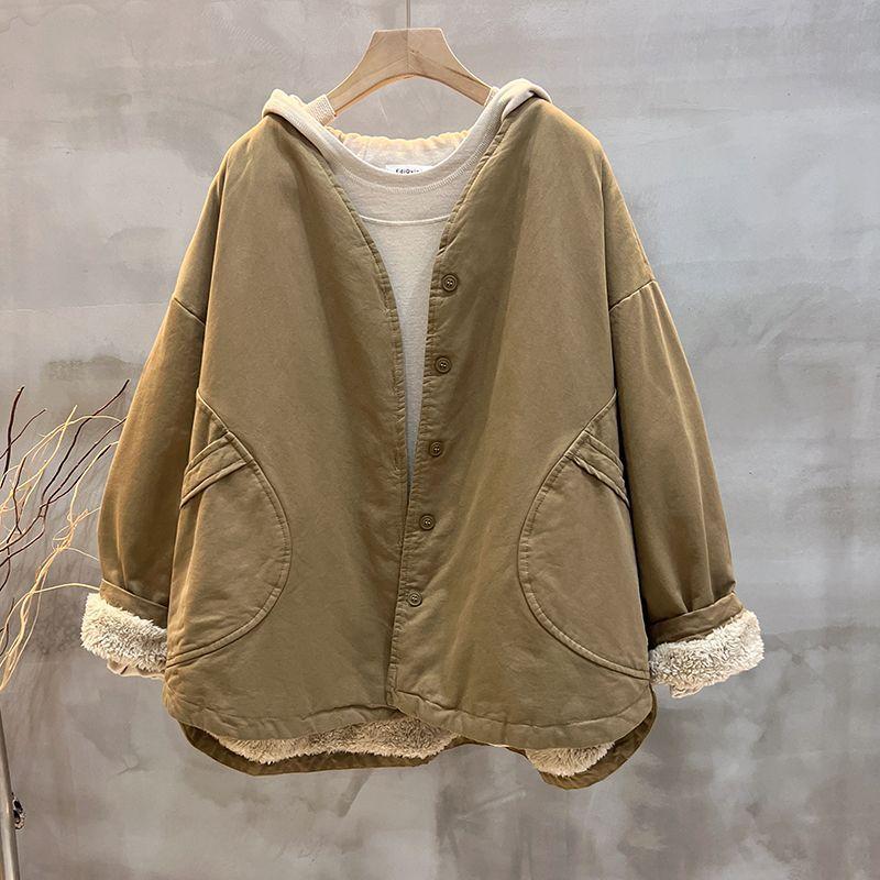 

Женское повседневное хлопковое пальто большого размера в корейском стиле с плюшевой подкладкой, новинка осени и зимы, универсальное пальто свободного кроя, скрывающее полноту и стройнящее. L