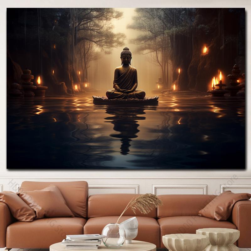 Obraz na płótnie ze statuą Buddy Statua Buddy i świece Plakaty i wydruki do salonu Religijny wystrój ścian Bez ramki