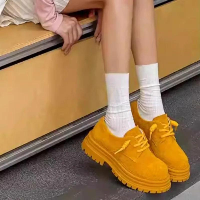 Fashion Women's Autumn Round Head Bull Suede Lace-Up Front Platform Heightened Low Top Casual Square Heel Shoes