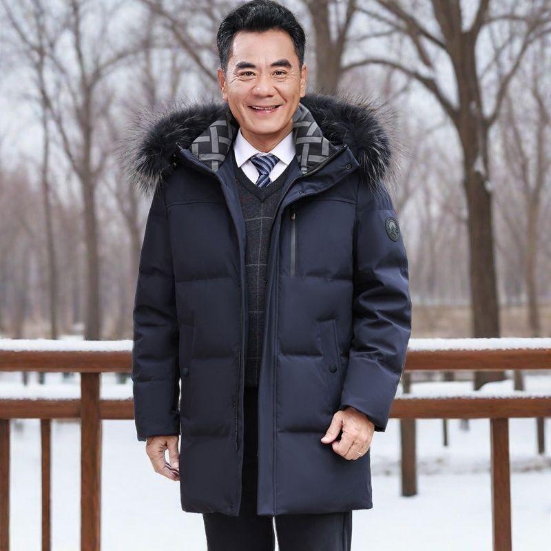 Middle-aged and Elderly Men's Down Jacket Mid-length Winter New Style Casual Fur Collar Warm Coat