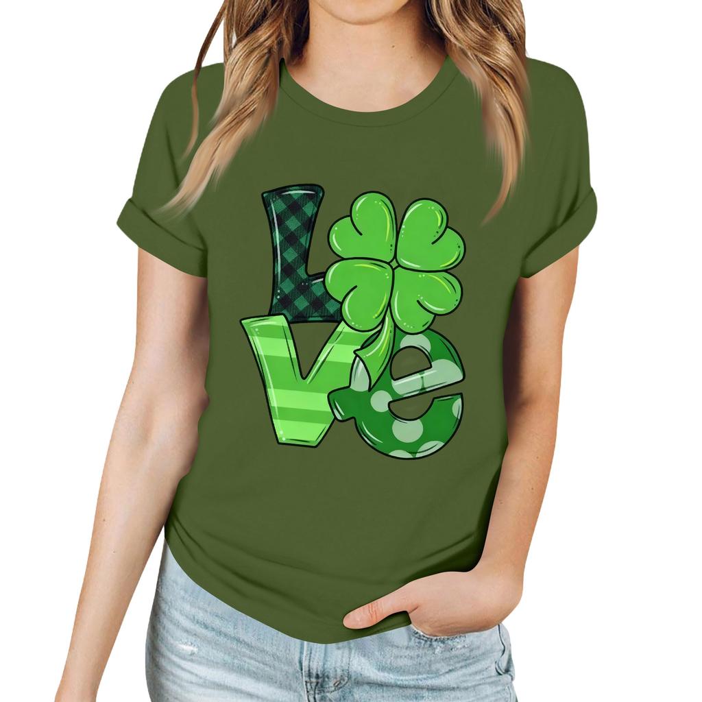 Women's Casual Saint Patrick Print T-Shirt Round Neck Pullover Short Sleeve Top