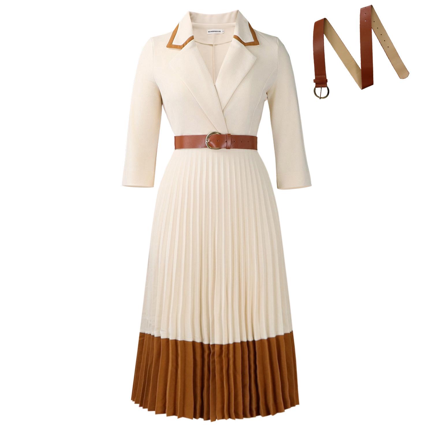 Elegant Plus Size Women s Winter Lapel Patchwork Pleated Dress - European & American Style M