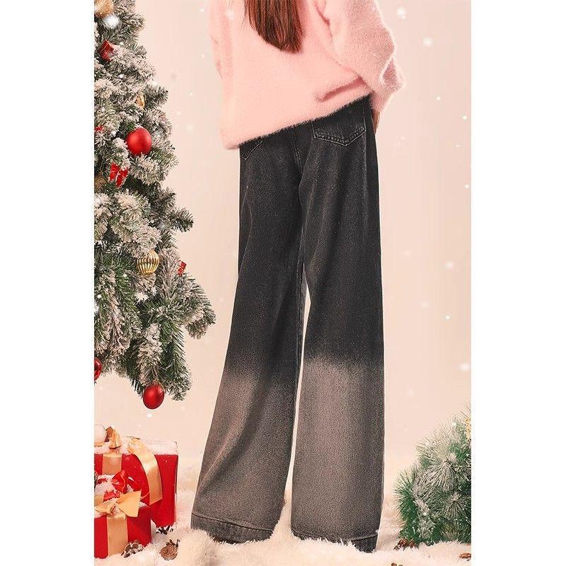 Women's Winter Velvet Gradient Embroidered Wide-Leg Jeans