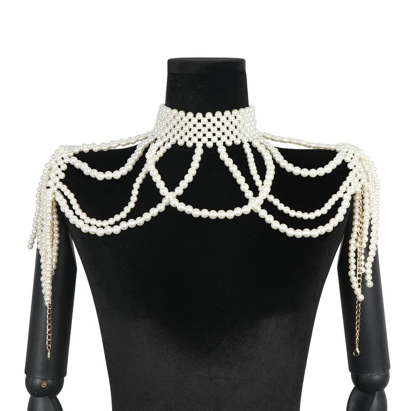 

Elegant Bridal Shoulder Chain Jewelry Beaded Large Necklace Hollow Imitation Pearl Body Chain Wedding Shawl Accessories белый