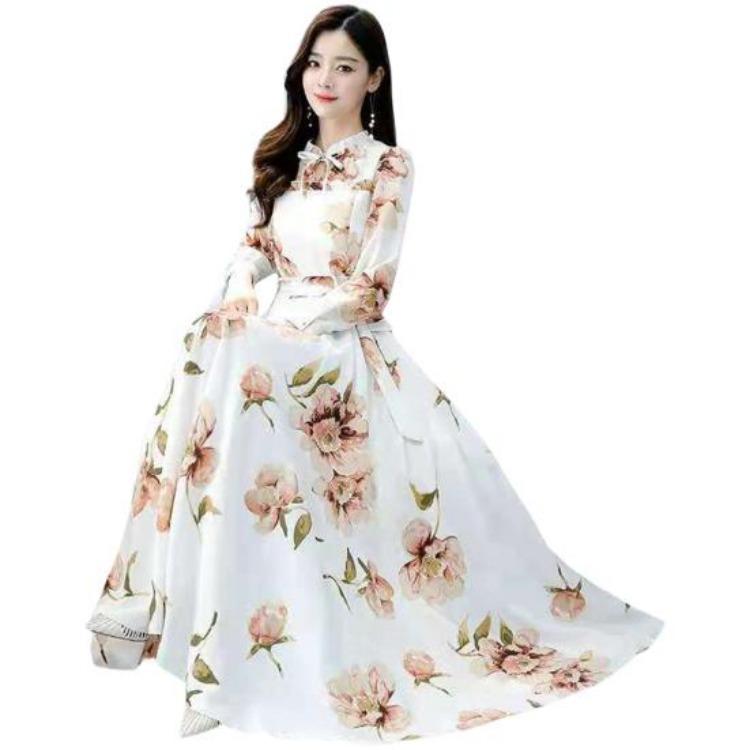 Flower Print Maxi Dress for Women Lace Up Temperament Loose Hem Tight Waist Dress up M