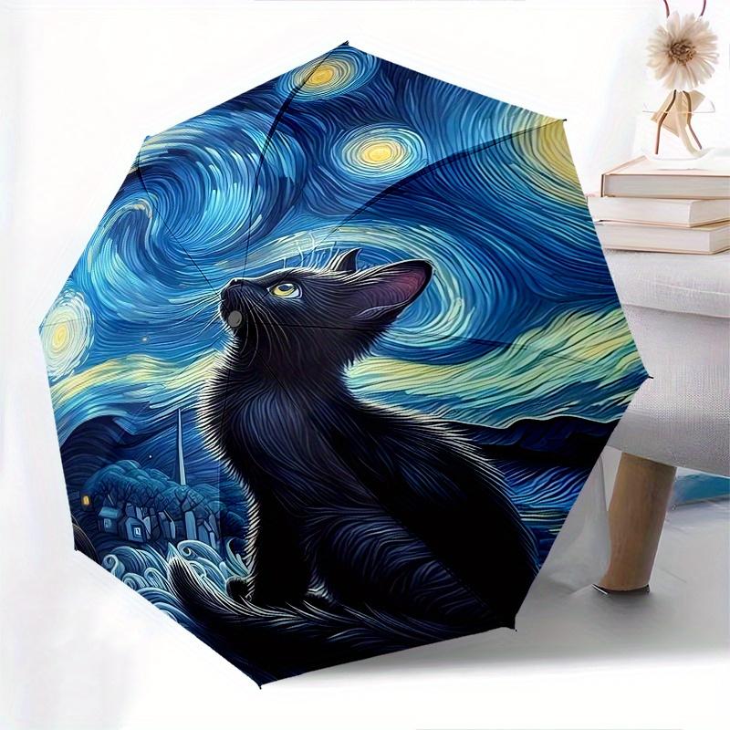 Starry Night, Black Cat Automatic Folding Umbrella  8 Ribs, Durable Iron Frame, Bright Color Pattern Compact Travel Umbrella, Suitable for O