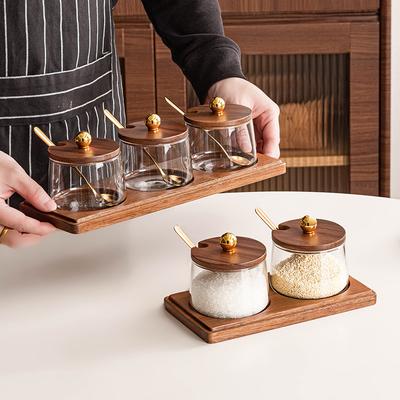 Japanese Retro Glass Seasoning Jar Kitchen Seasoning Box with Lid Spoon Acacia Wooden Pallet Transparent Glass Seasoning Jar