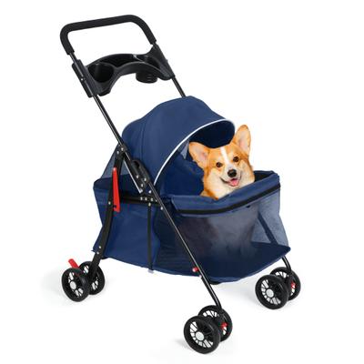 Poussette pour animaux de compagnie 4 roues Chien Chat Poussette, Voyage en plein air Pliante Petite Cage avec Porte-gobelet, Maille respirante et visible pour