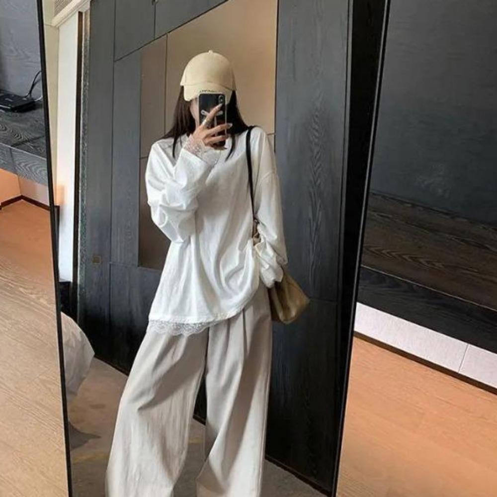 VAYLA Simplicity Lace Patchwork Loose T Shirts Spring Autumn New Long Sleeve High Street Solid Tops Harajuku Fashion Women Clothing