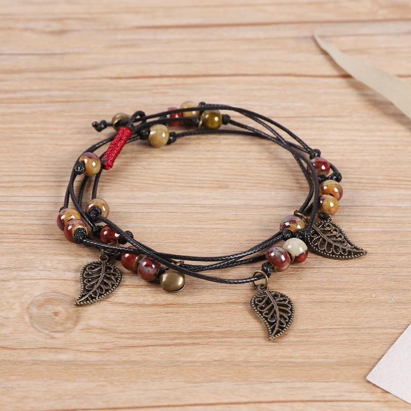 Vintage Bohemian Ceramic Bracelet Girl Sweet Bell Leaf Versatile Waist Chain Multi-circle Bracelet Jewelry