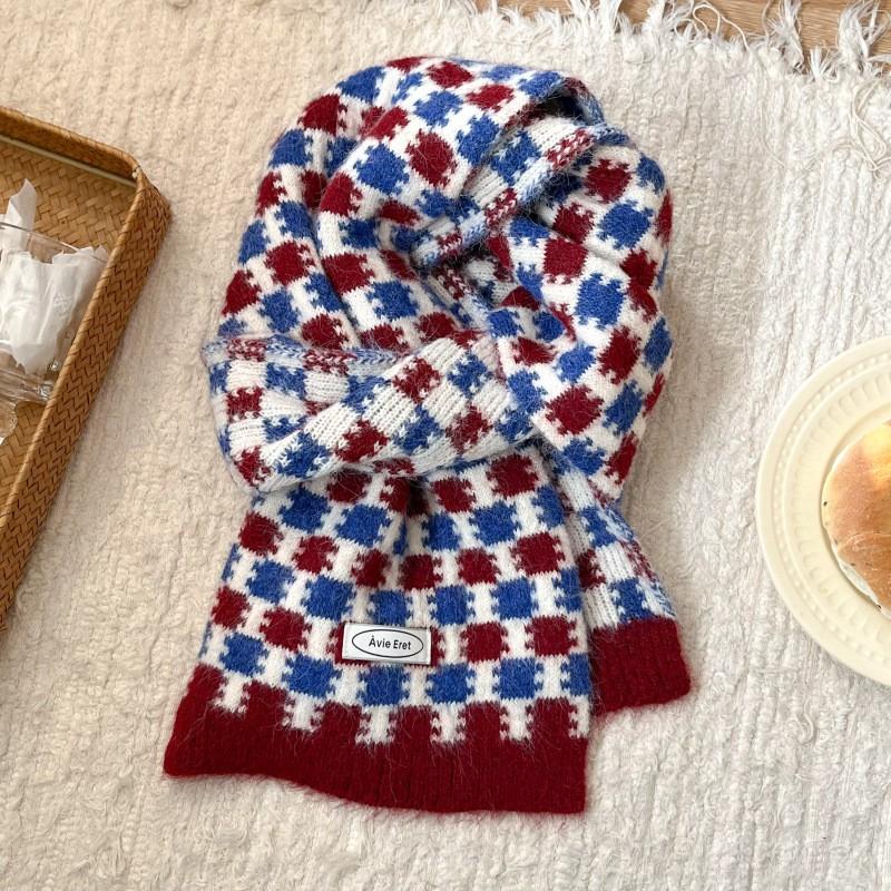 Womens Winter Knitted Scarf Korean Style Retro Plaid Warm Long Neck Wrap Wool Blend