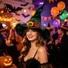 Non-itchy Halloween Hat Women's Large Ruched Witch Hat, Felt Wizard with Elegant Dark Ruffle/Flowers/Mesh, Adults Cosplay Costume for
