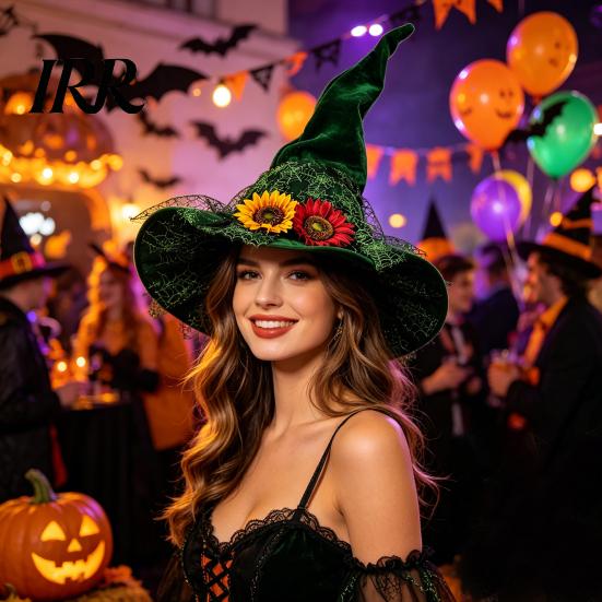 Non-itchy Halloween Hat Women's Large Ruched Witch Hat, Felt Wizard with Elegant Dark Ruffle/Flowers/Mesh, Adults Cosplay Costume for