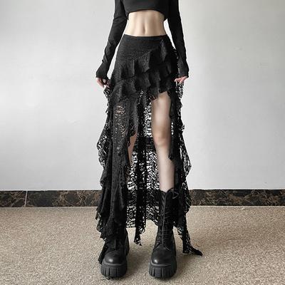 Women's Dark Gothic Irregular Design Lace Splicing High Waist Lotus Leaf Edge Long Skinny Skirt