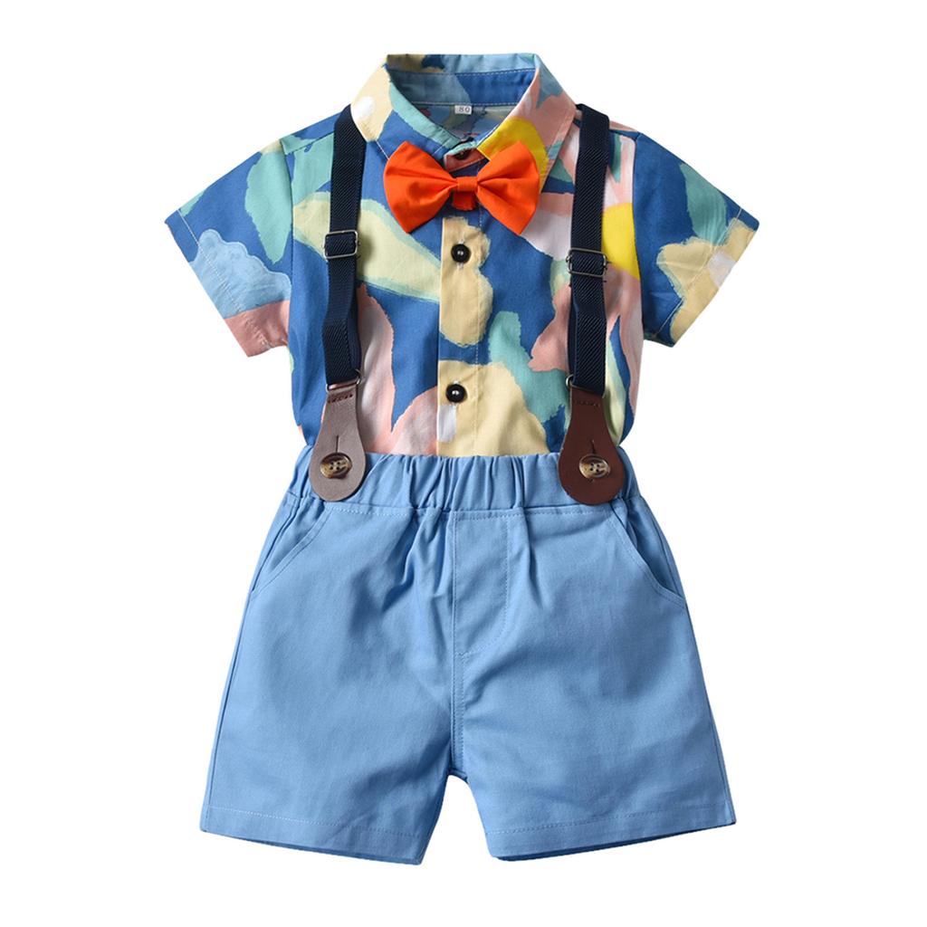 Infant Baby Boys Gentleman Bow Tie Floral Romper+Suspender Shorts