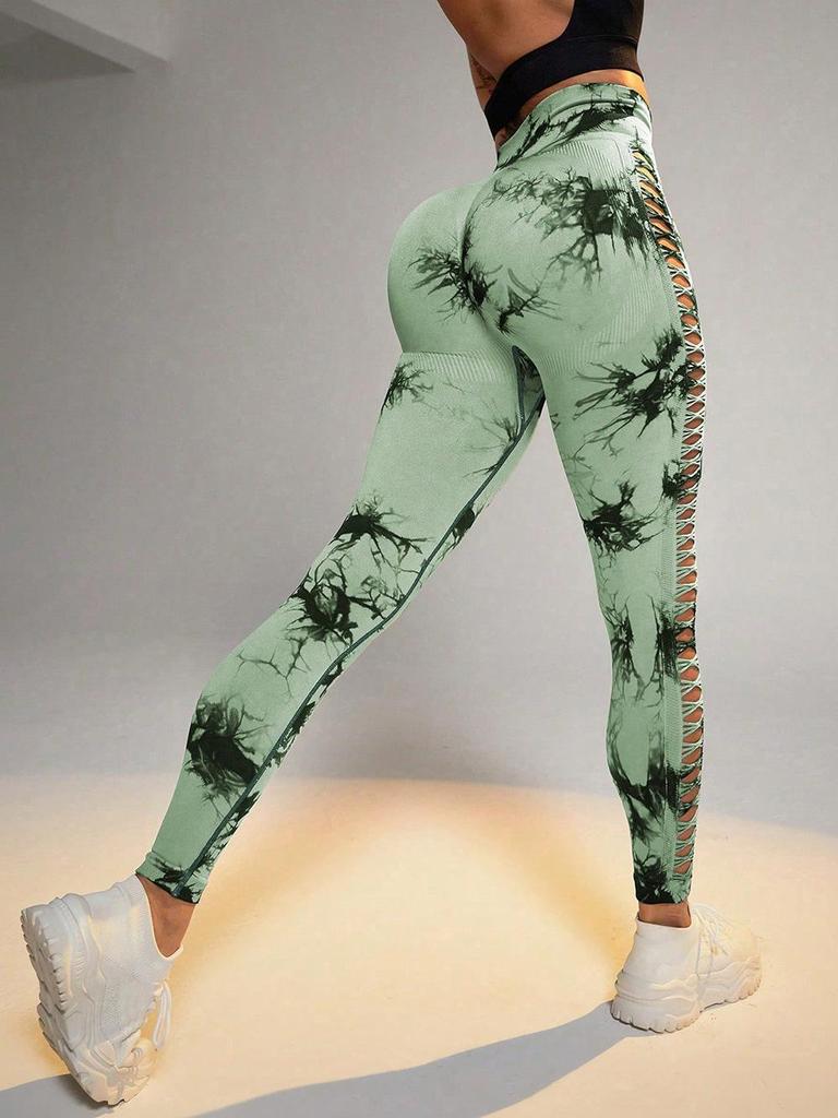 Women's High-Waisted Tie-Dye Yoga Pants - Hollow-Out, Peach-Lifting, Breathable, Seamless Fitness Wear