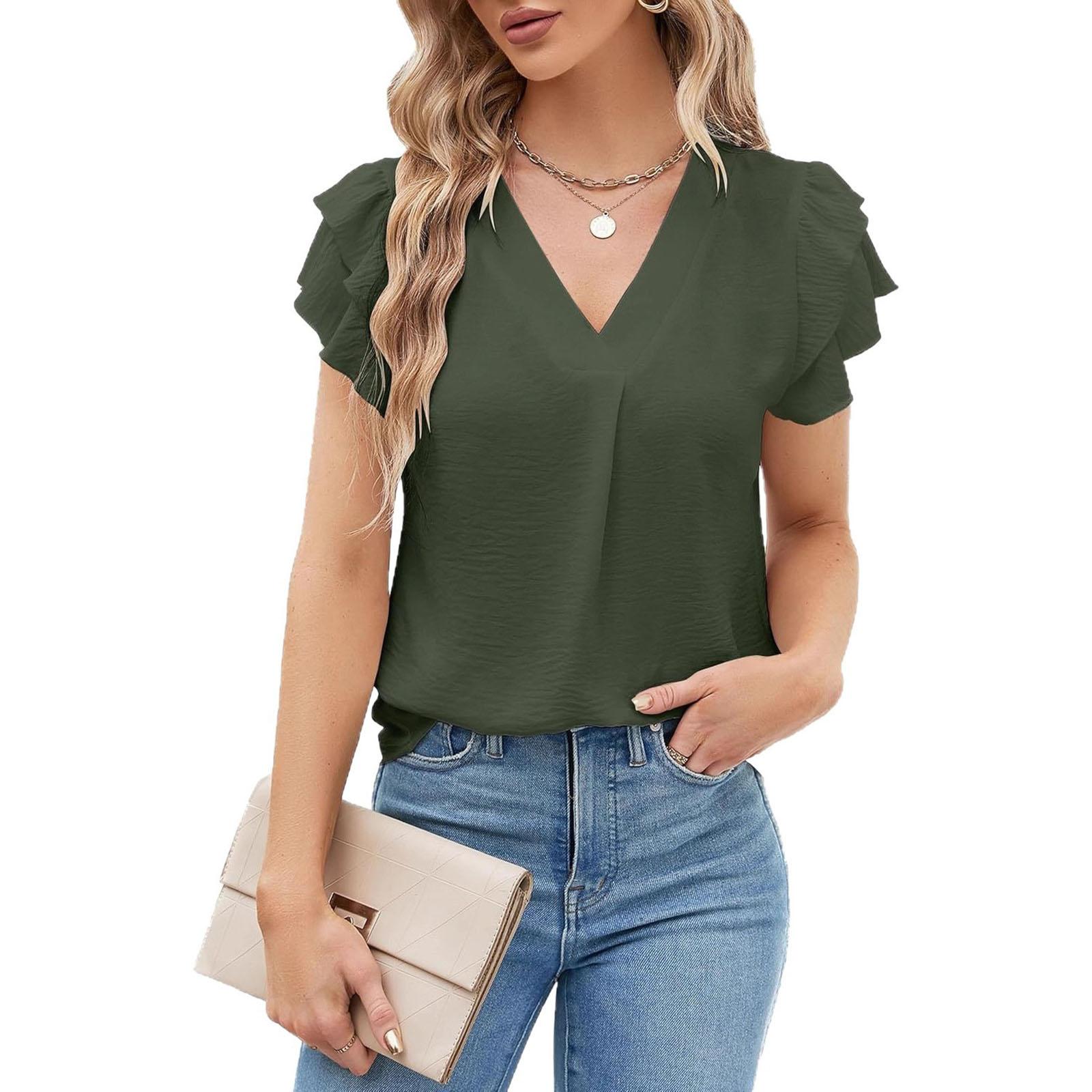 Women s Fashion Loose-Fit V-Neck Pullover T-Shirt Short Sleeve Top M