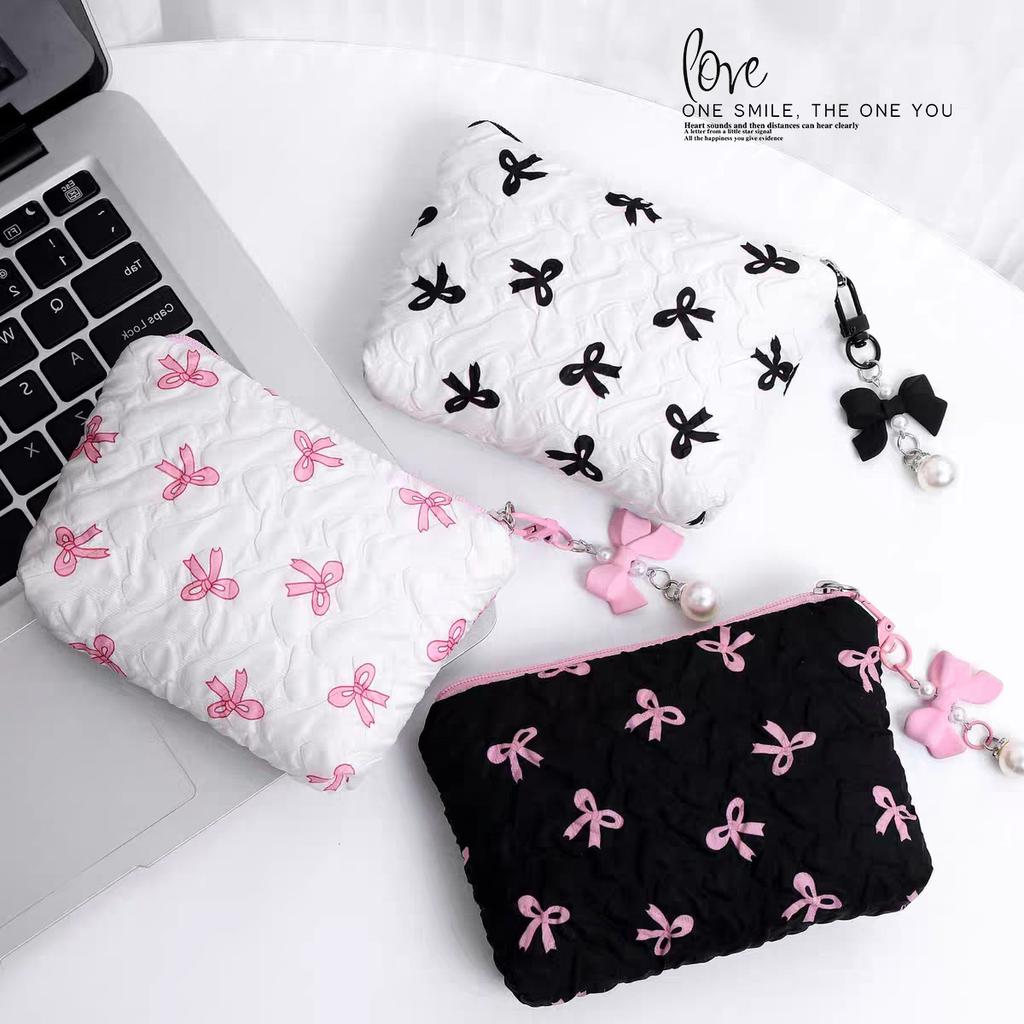 Elegant Bow Decor Cosmetic Bag Portable Makeup Storage Pouch Large Capacity Purse For Lipstick Skincare Accessories Daily Travel