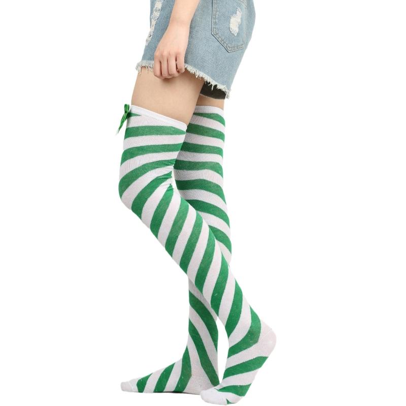 Striped Stockings For Women Over The Knee Long Socks Christmas Green Red Bowknot Long Socks Female Leg Stocking