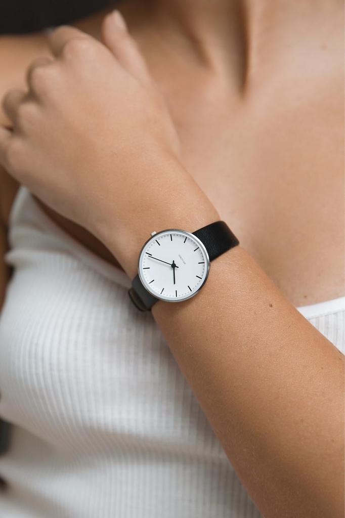 ARNE JACOBSEN CITYHALL 53201-1601 Watch, 34mm, Scandinavian Design, Water Resistant (Quiet Design with No Second Hand), White with Black Leather Strap