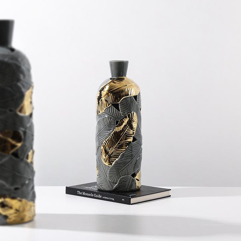 Ceramic Vase Creative Feather Shape Gray Gold Feather Pattern Flower Vase Porcelain Bottle Home Decoration Accessories