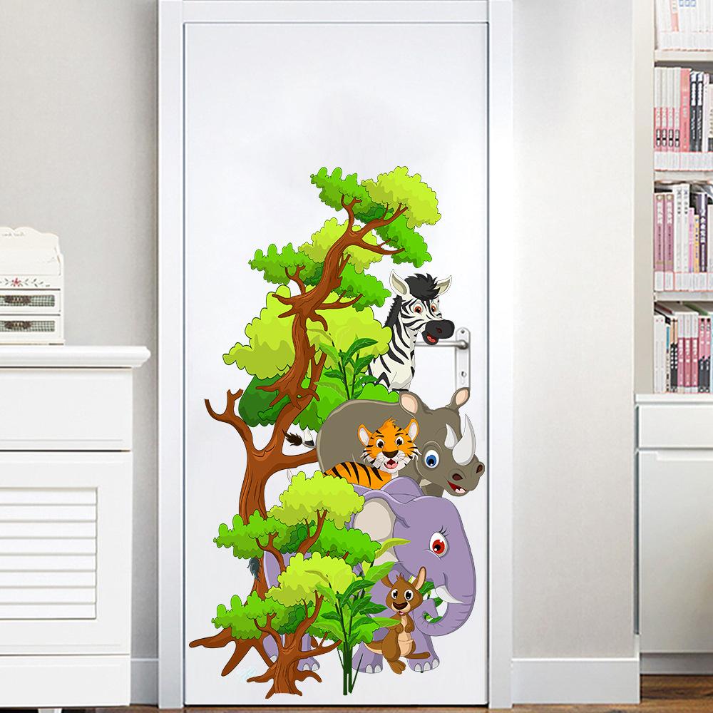 Waterproof Self-adhesive Big Tree Animal Elephant Rhino Tiger Maca Wall Sticker Bedroom Living Room Wall Decor Sticker Door Sticker