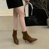 2025 New French Pointed Short Boots Women's Splicing Thin Boots Autumn and Winter Low Heel Internet Celebrity Thin Elastic Fashion Boots