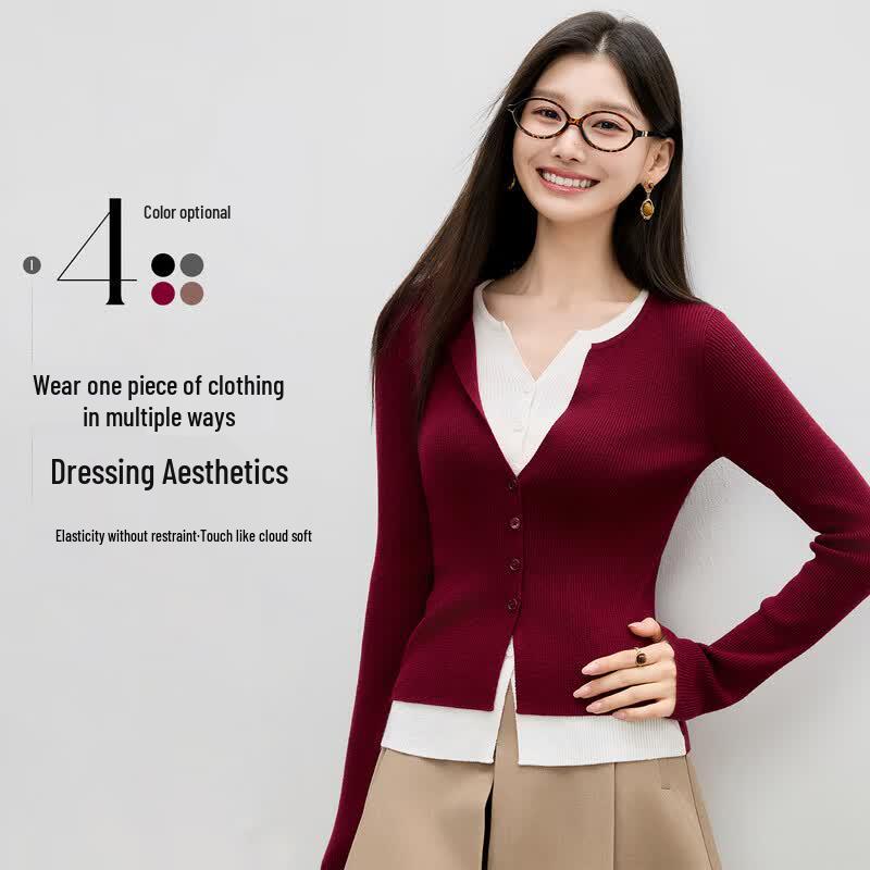 Women s V-neck Faux Two-piece Knit Sweater S