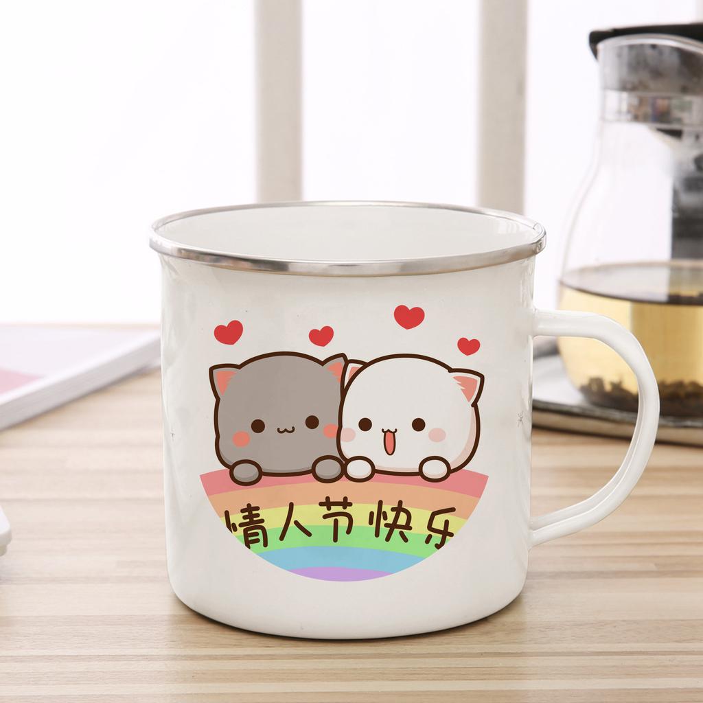 New Peach and Goma Cat Enamel Coffee Tea Cup Cute Animal Breakfast Dessert Milk Water Cup Couple Gift Original Breakfast Cups