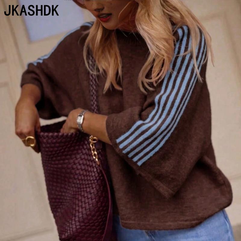 JKASHDK Women's Fashion Casual Spring Fall Stripe Print 3/4 Sleeves O-Neck Sweaters