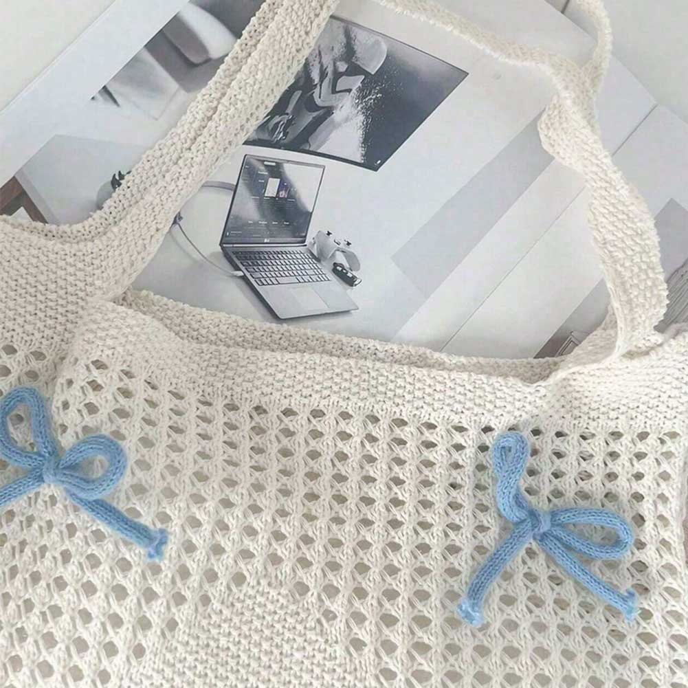 Women Bowknot Crochet Tote Bag Hollow Out Retro Bow Woven Bag Casual Knitted Bow Beach Bag Cute Shoulder Bags for Summer Travel