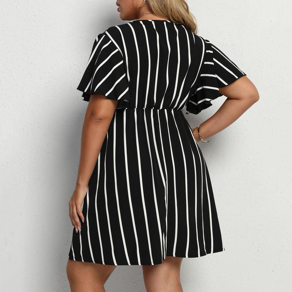 Plus-size Summer Solid Color Stripe Floral Dress Summer Short Sleeve Slim Shirt Big Hem Fashion Loose Beach Party Elegant Dresses Nighty L-4XL